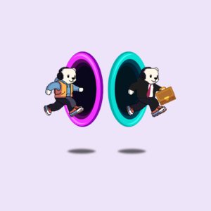 A photo of the mascot entering a portal, and coming out of the other side in a suite